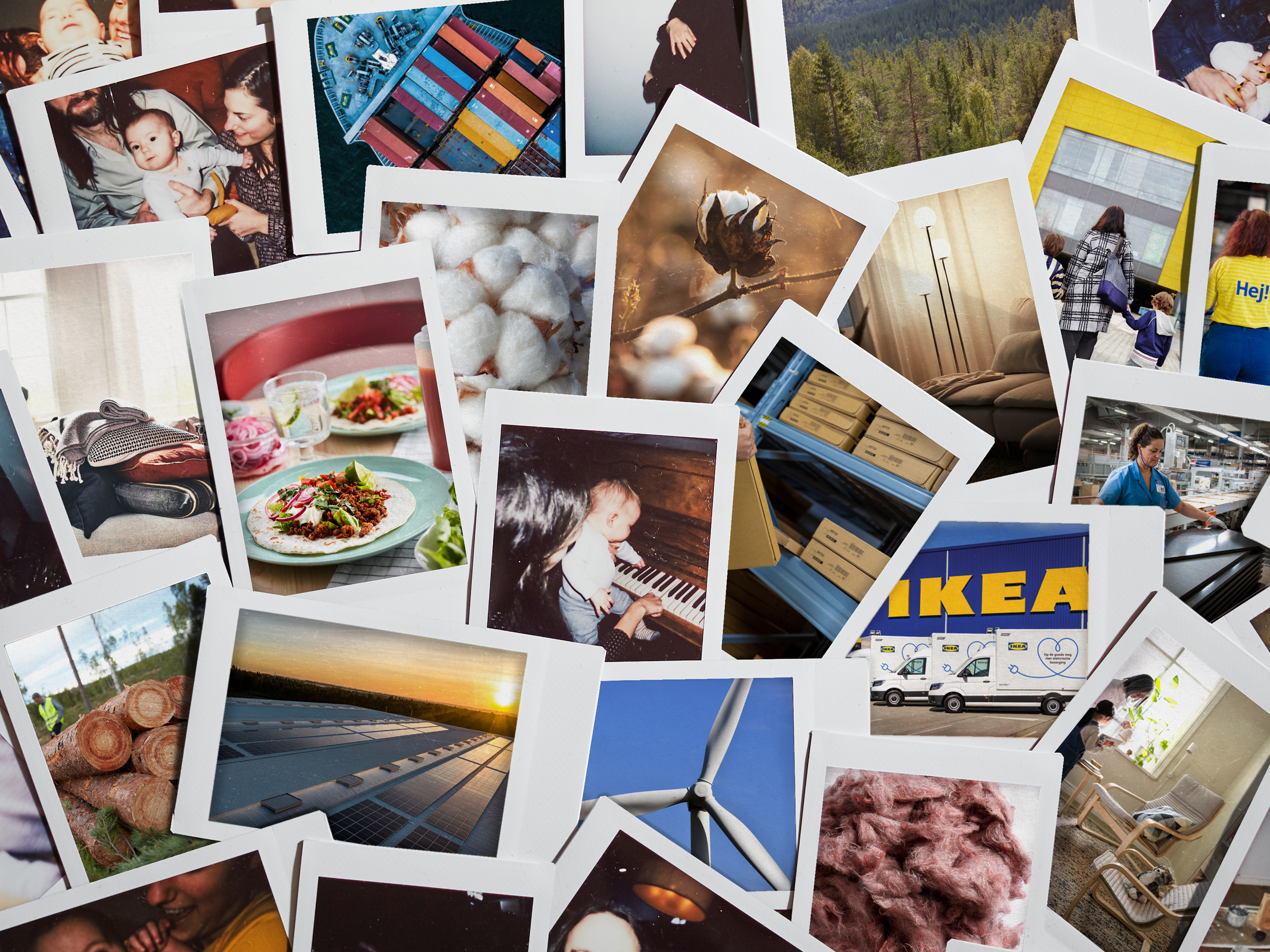 Many IKEA-related polaroid colour images of furniture, lamps, cotton plants, a baby, a freighter, foods on plates and more.